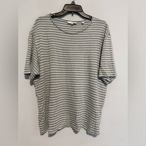 Vince 100%  Linen Stripe Women Tee Shirt Size XL White/Gray Short Sleeve